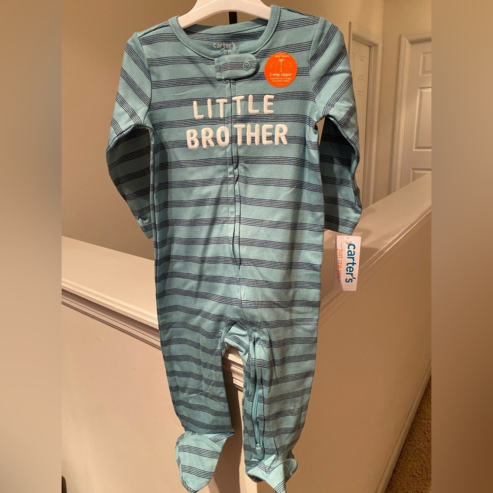 Carter's Blue Striped 'Little Brother' One Piece 2 Way Zipper  New 9 months